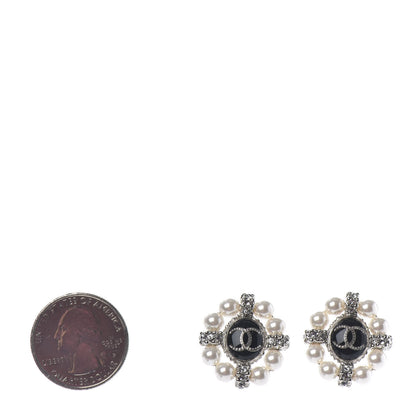 Chanel Crystal Pearl Bead CC Round Earrings Silver Black 2 of 4