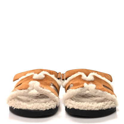 Hermes Suede Goatskin Woolskin Womens Chypre Sandals 38 Naturel Ecru 2 of 9