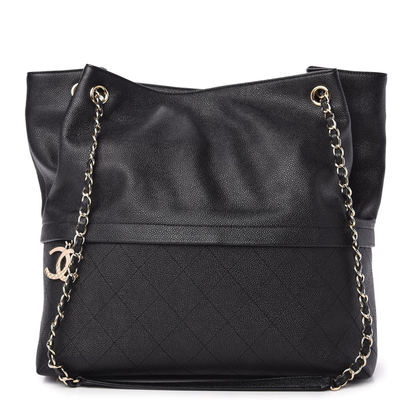 Crumpled Grained Calfskin Zip and Carry Shopping Tote Black