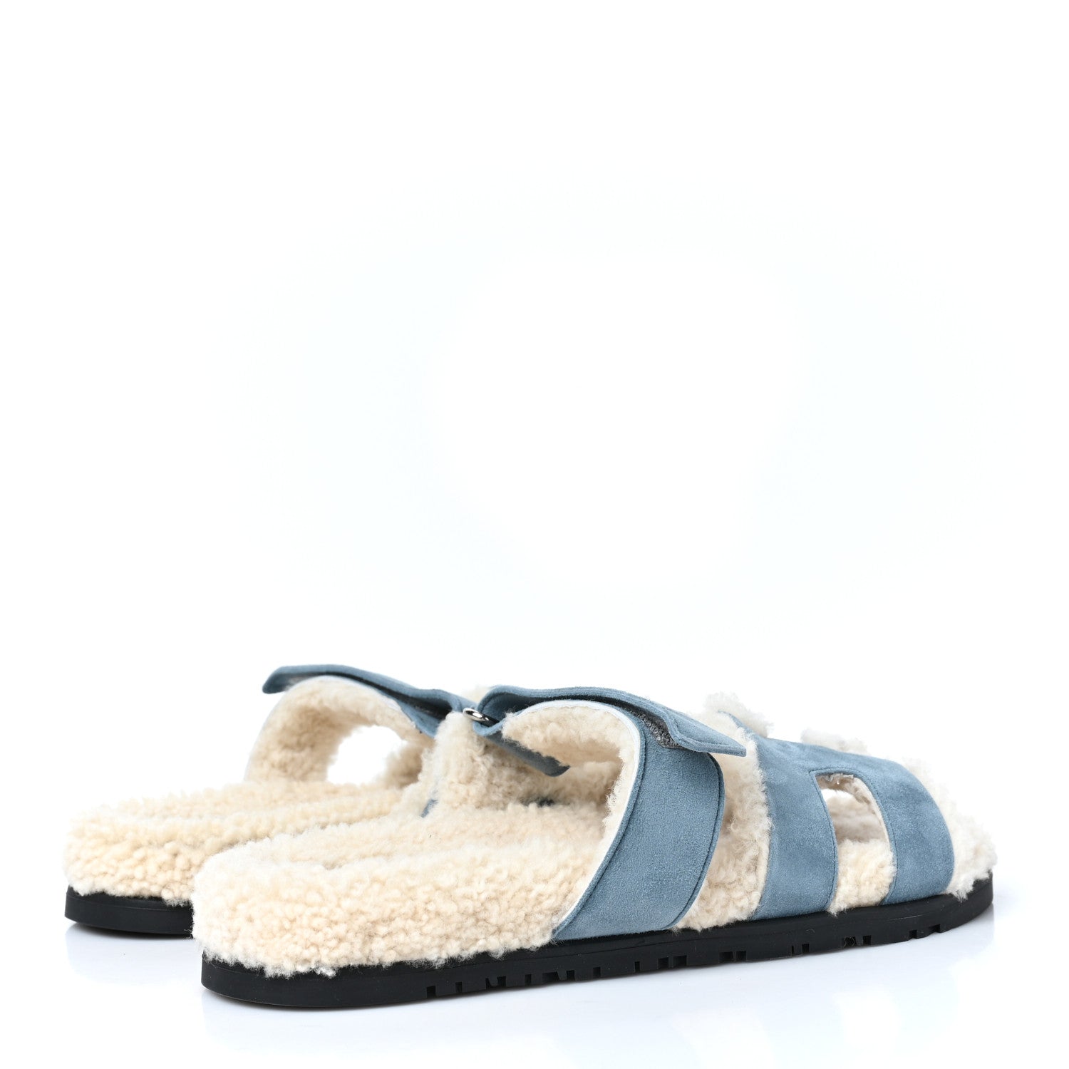 Hermes Suede Goatskin Woolskin Womens Chypre Sandals 39.5 Bleu Pinede Ecru 4 of 8