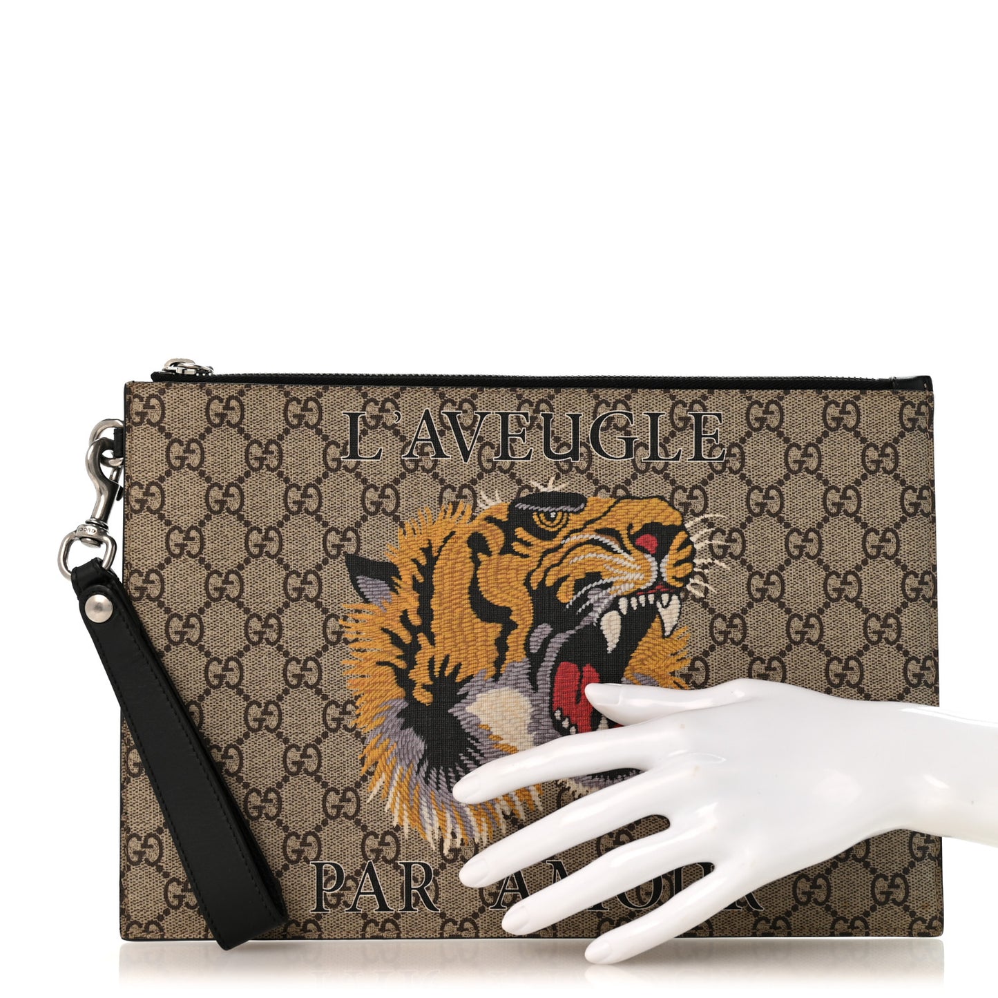 GG Supreme Monogram Tiger Zip Wristlet Pouch Beige
