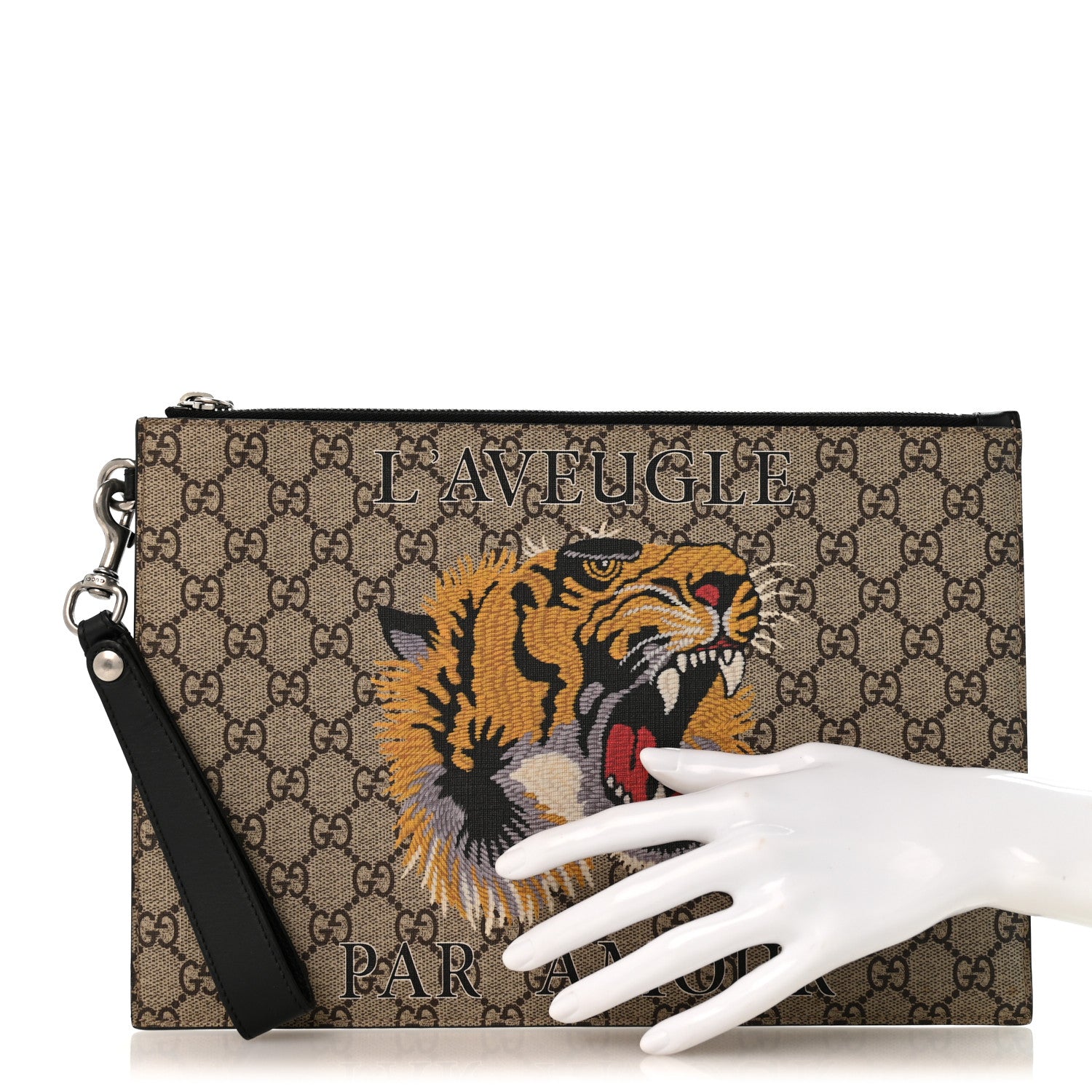 Gucci GG Supreme Monogram Tiger Zip Wristlet Pouch Beige 2 of 8