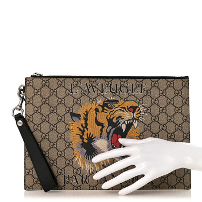 Gucci GG Supreme Monogram Tiger Zip Wristlet Pouch Beige 2 of 8