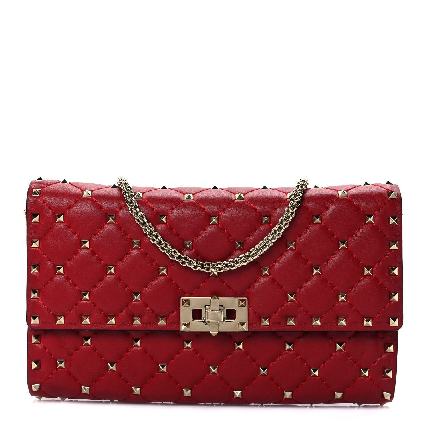 Valentino Garavani Lambskin Rockstud Spike Wallet on Chain Red 1 of 9