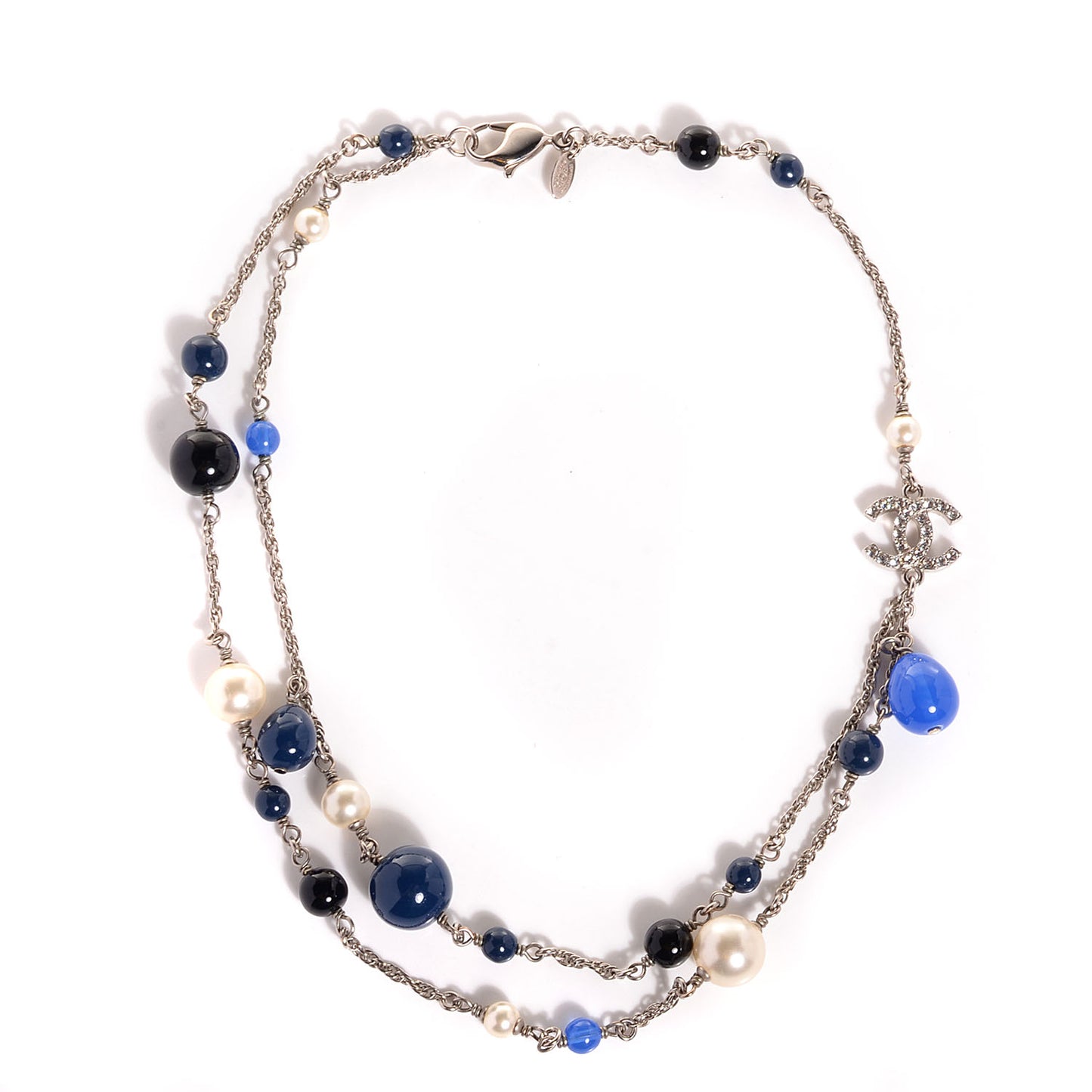 Pearl Crystal CC Beaded Double Strand Necklace Blue Silver