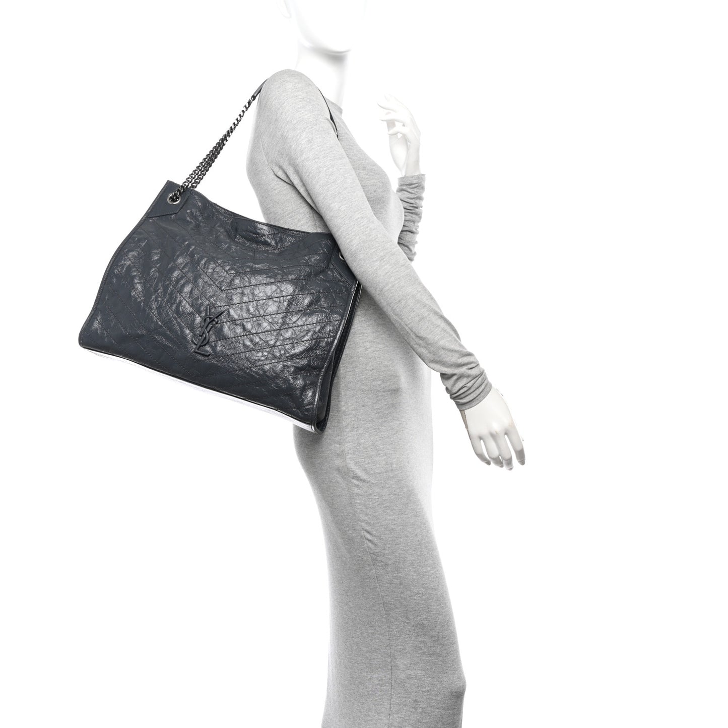 Crinkled Calfskin Matelasse Monogram Large Niki Shopper Tote Dark Smog