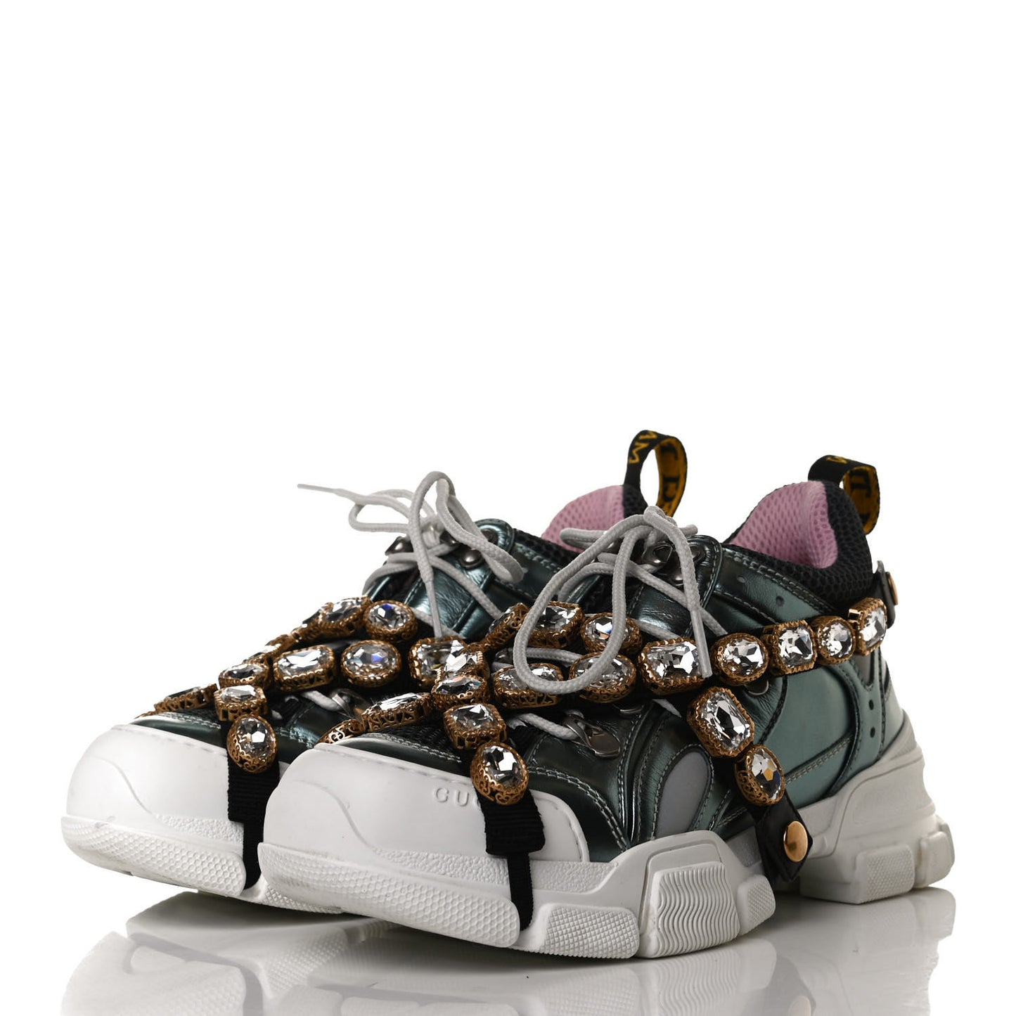 X SEGA Metallic Calfskin Removable Crystals Womens Flashtrek Sneakers 37.5 Lago Loess Silver