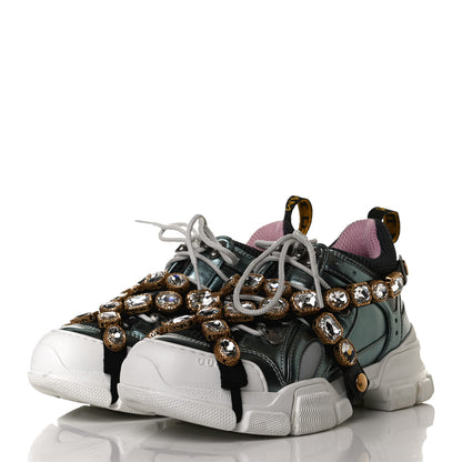 Gucci X SEGA Metallic Calfskin Removable Crystals Womens Flashtrek Sneakers 37.5 Lago Loess Silver 3 of 9