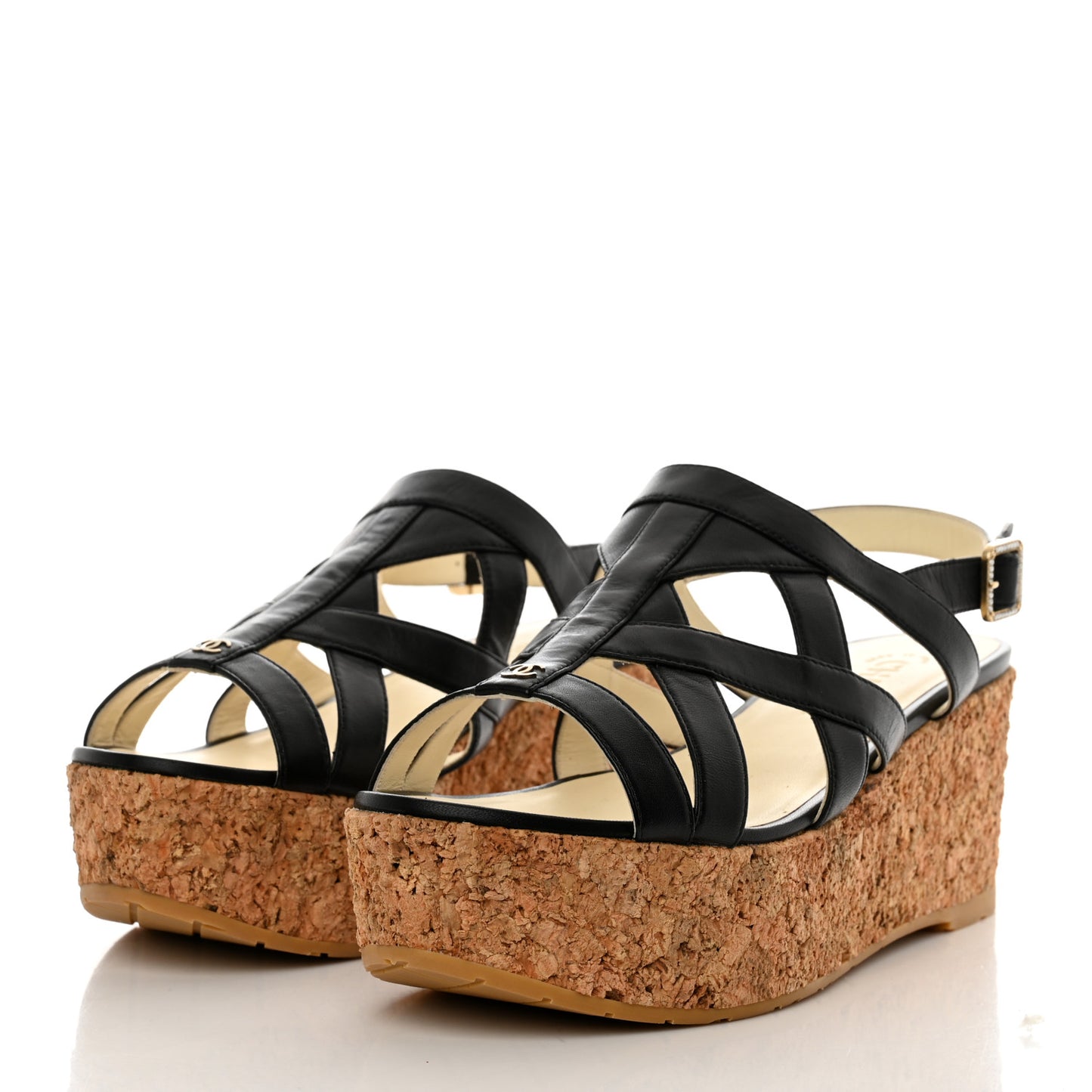 Lambskin Cork Pearl CC Platform Sandals 40 Black