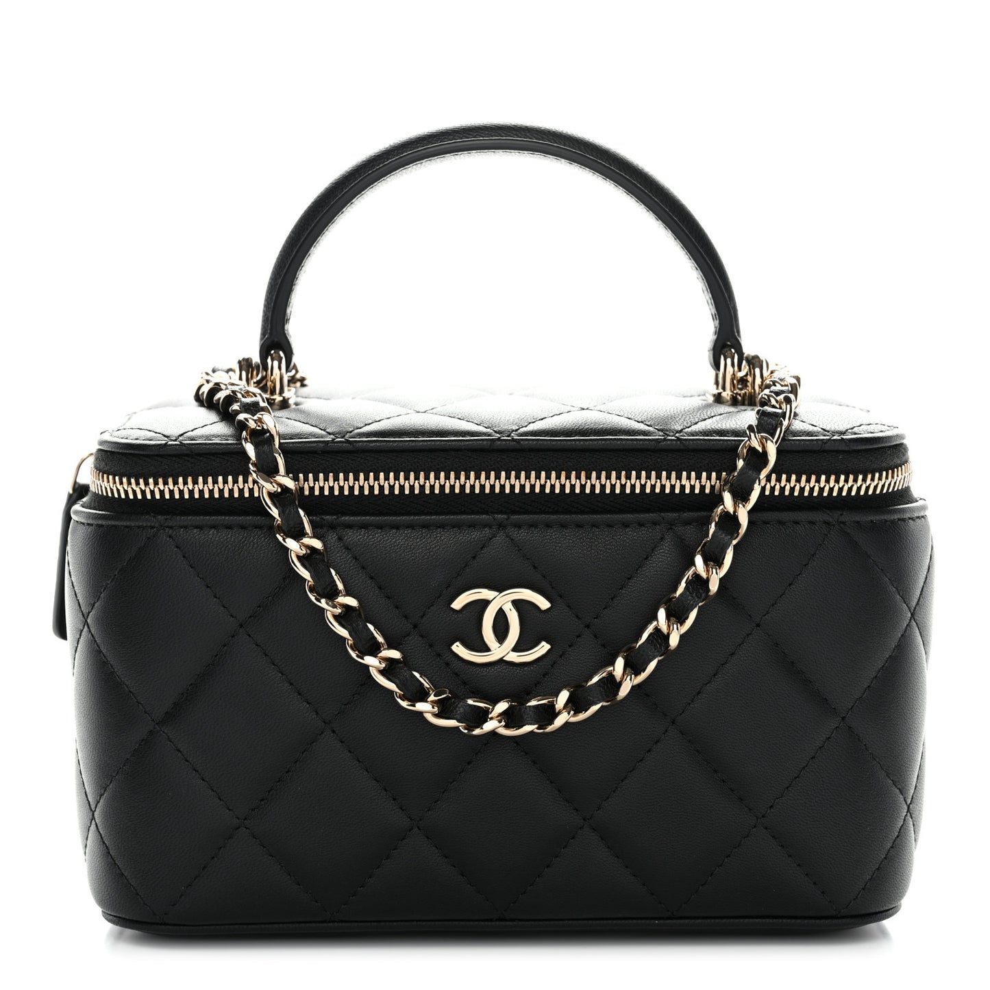 Lambskin Quilted Small Top Handle Vanity Case With Chain Black