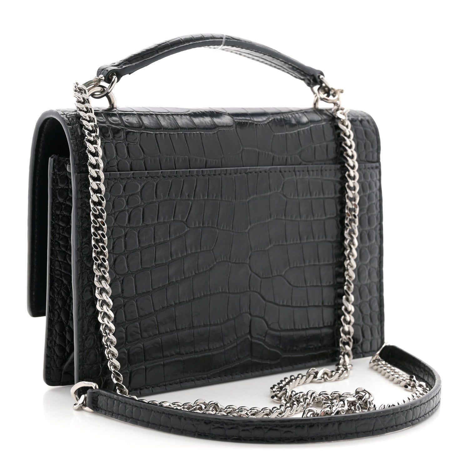 Saint Laurent Calfskin Crocodile Embossed Monogram Sunset Top Handle Chain Wallet Black 3 of 10