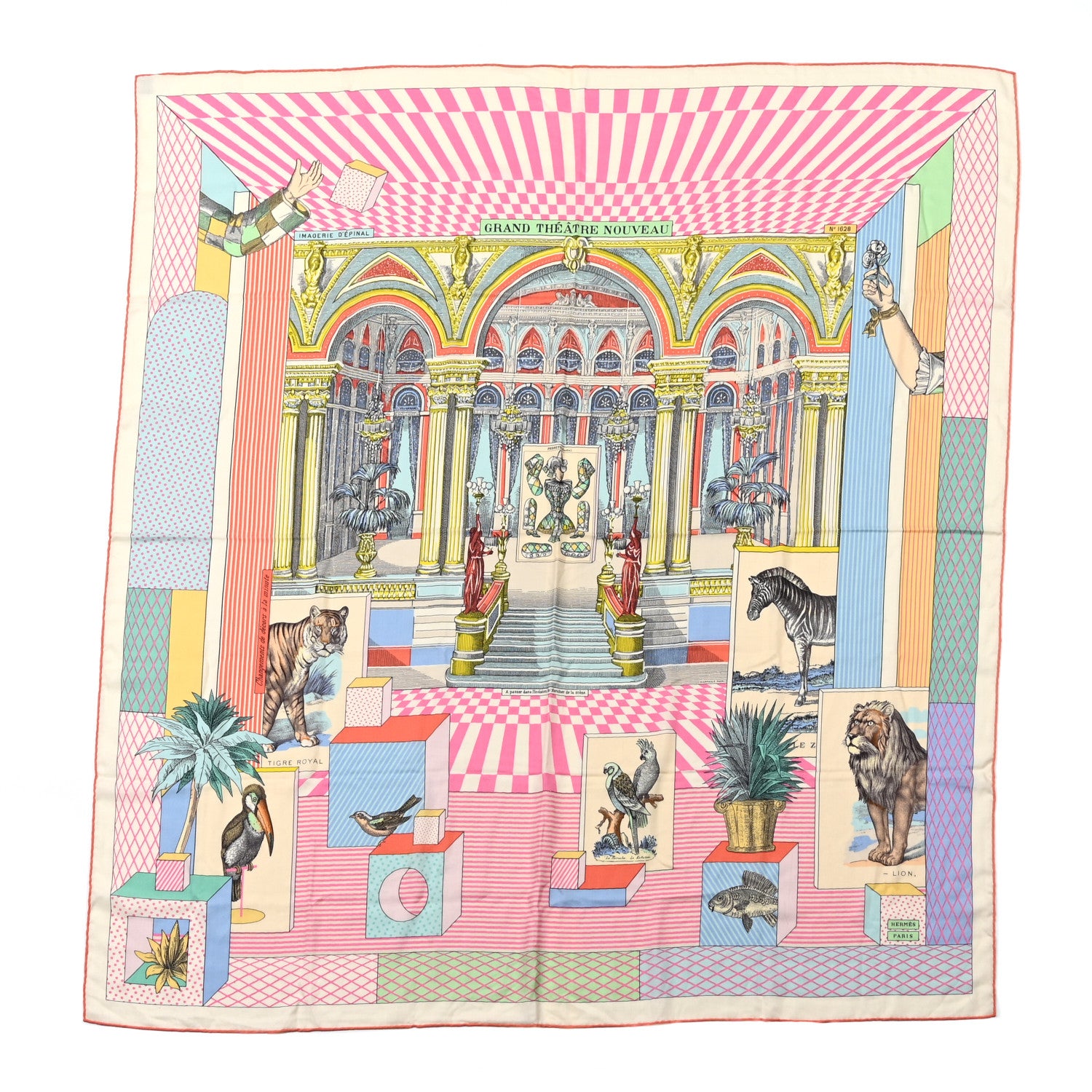 Hermes Silk Grand Theatre Nouveau Scarf 90 White Rose Jaune Pale 1 of 6