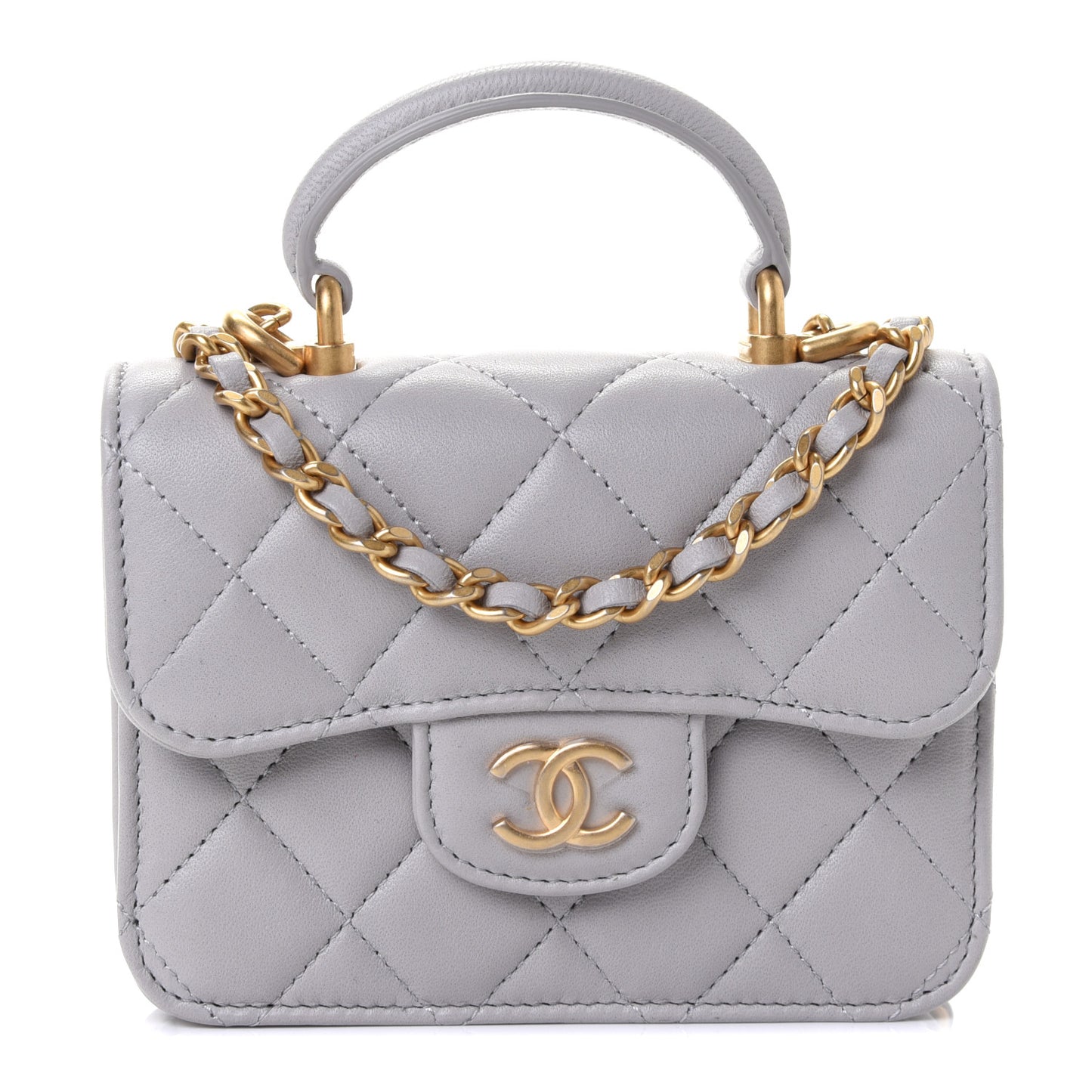 Lambskin Quilted Top Handle Flap Coin Purse With Chain Grey