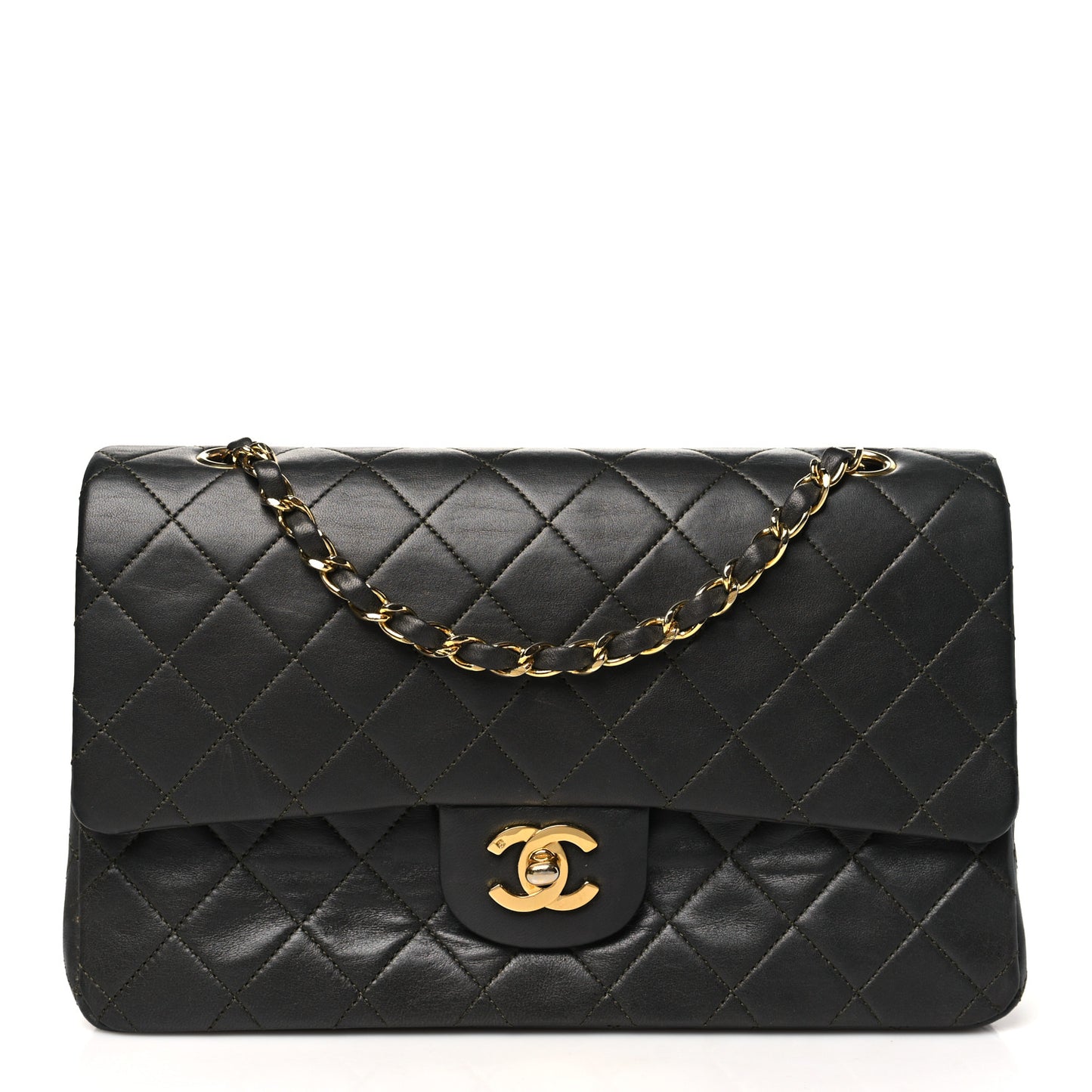 Lambskin Quilted Medium Double Flap Dark Grey