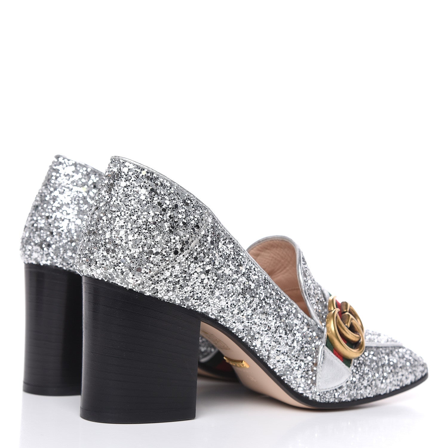 Gucci Glitter Nappa Web Peyton 75mm Loafer Pumps 38 Argento 4 of 9