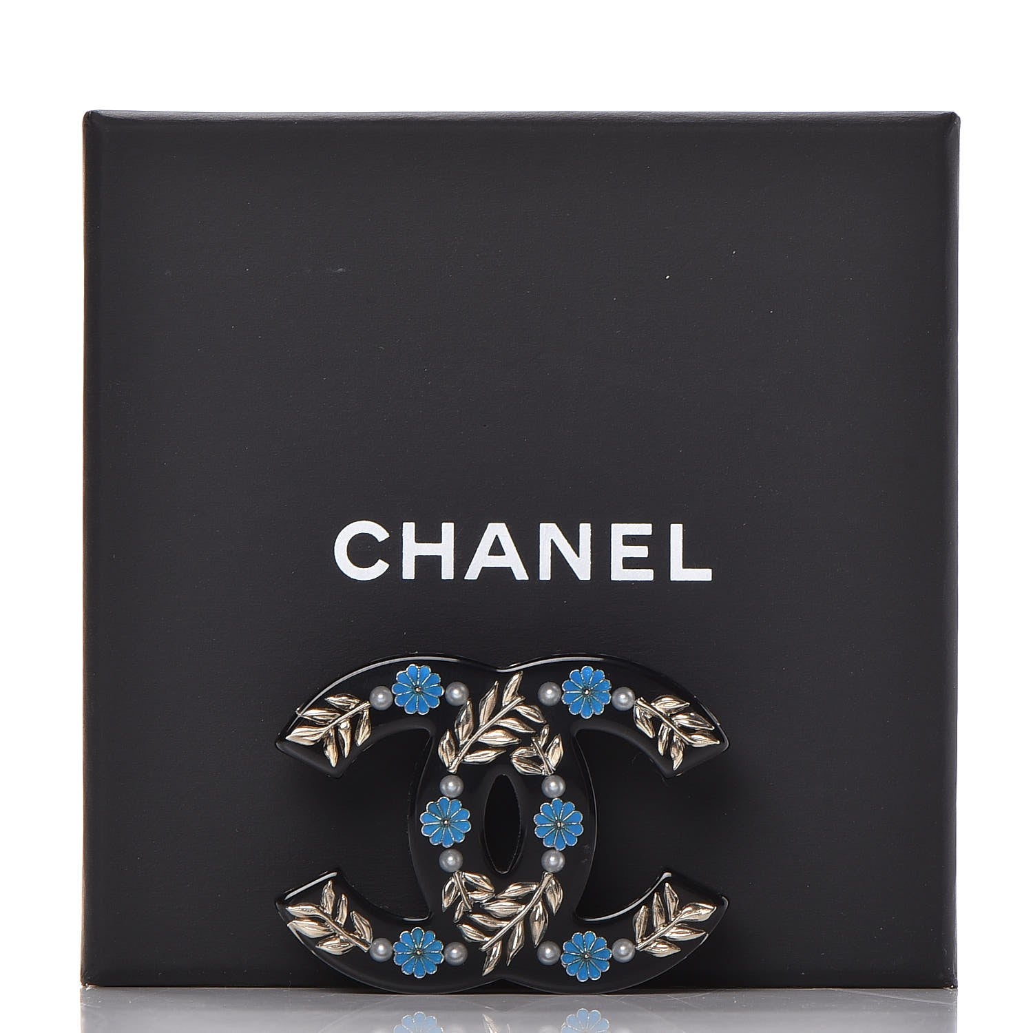 Chanel Resin Pearl Enamel Flower CC Brooch Black Blue Gold 5 of 5