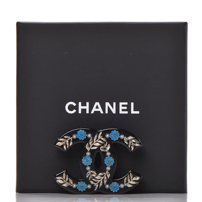Chanel Resin Pearl Enamel Flower CC Brooch Black Blue Gold 5 of 5