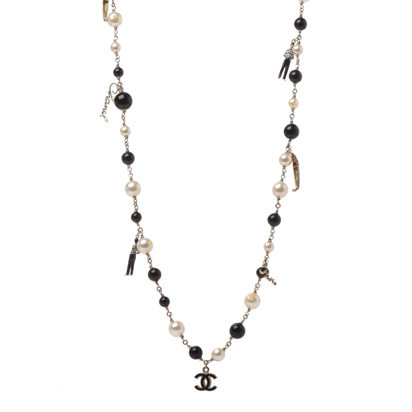 Pearl Bead Enamel CC Long Necklace Black Gold