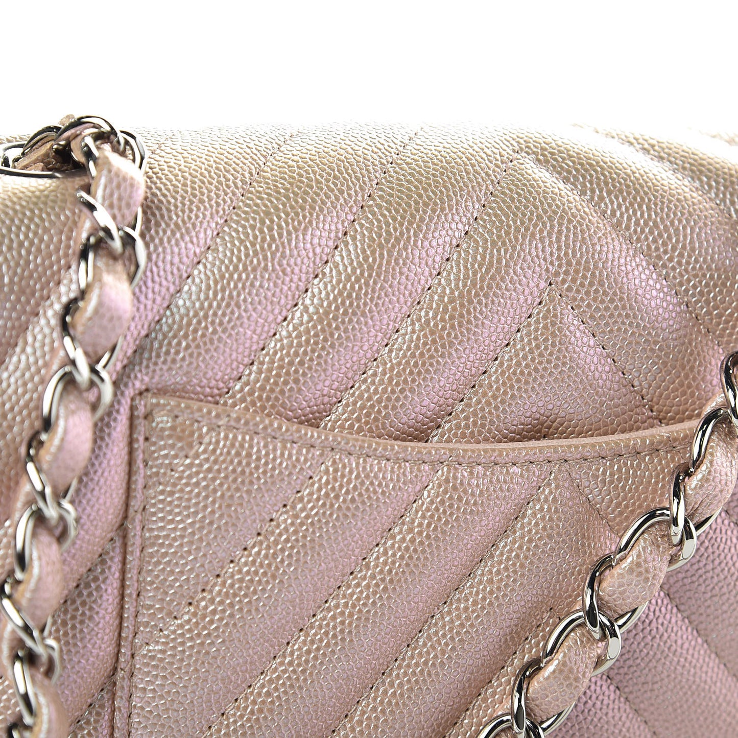 Iridescent Caviar Chevron Quilted Mini Rectangular Flap Light Gold