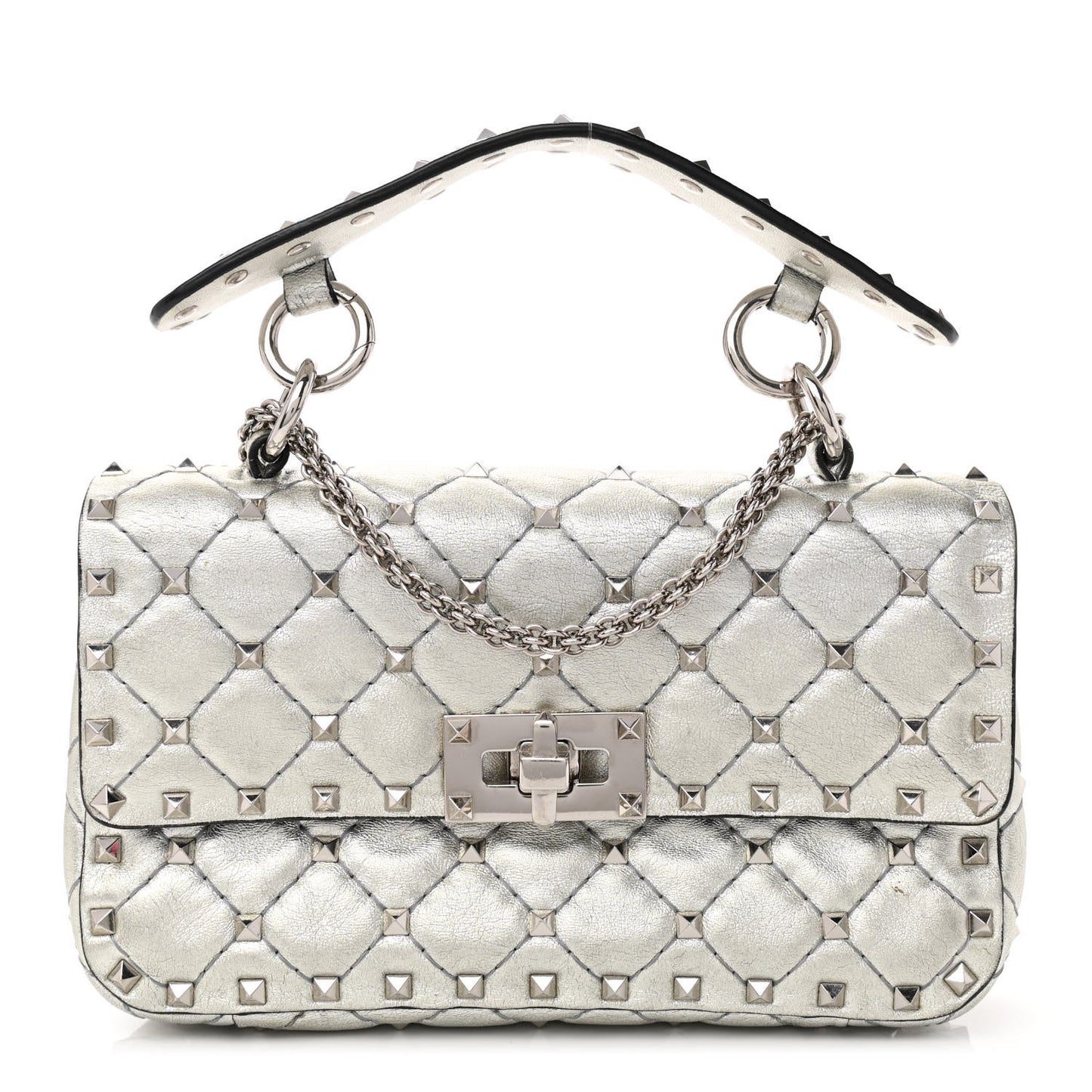 Metallic Nappa Small Rockstud Spike Shoulder Bag Silver