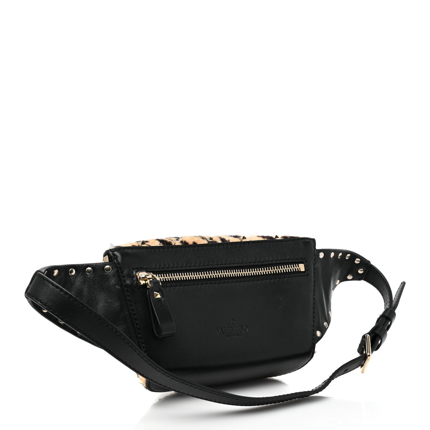 Calfskin Pony Hair Leopard Print Rockstud Spike Belt Bag 75