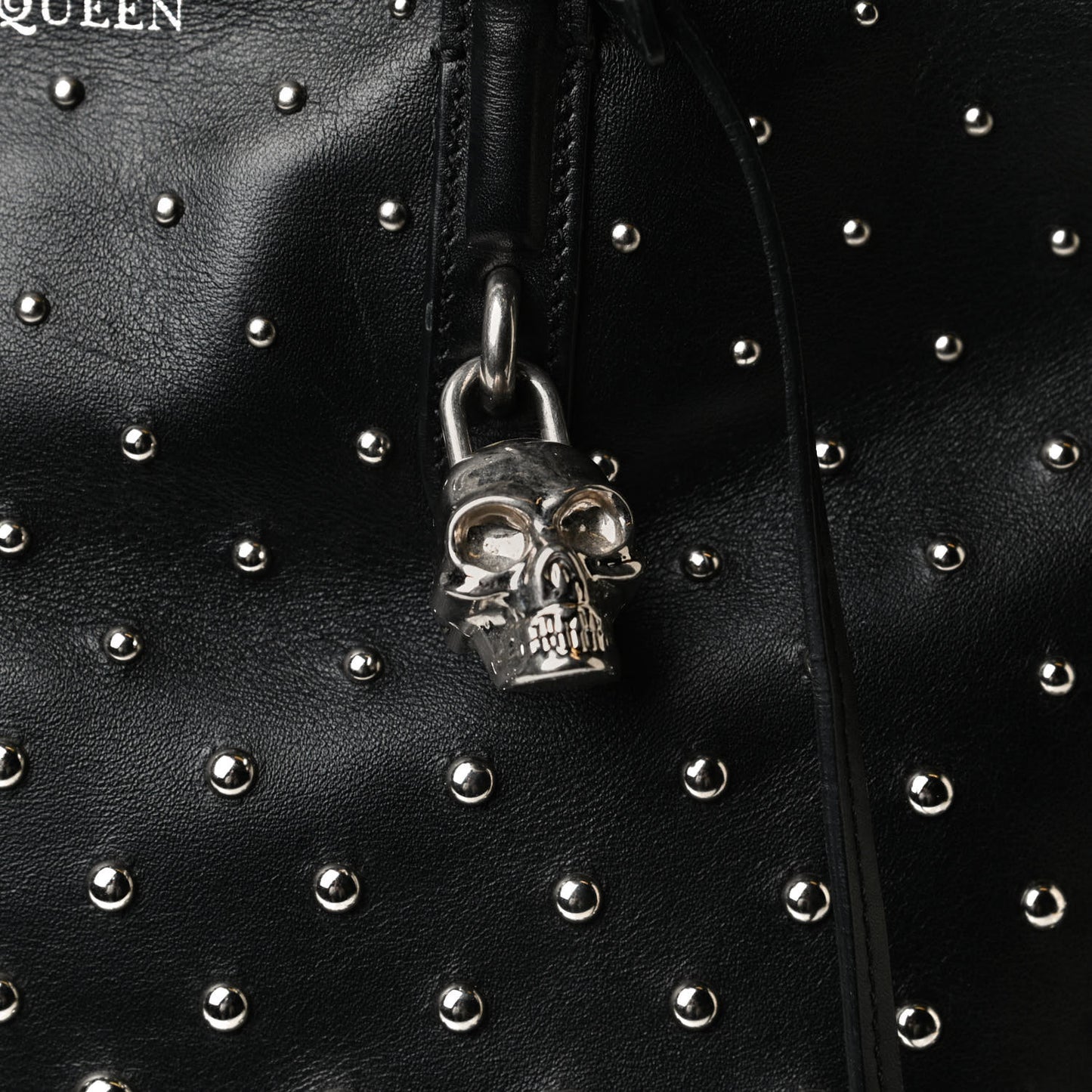 Calfskin Large Studded Padlock Zip Around Tote Black White