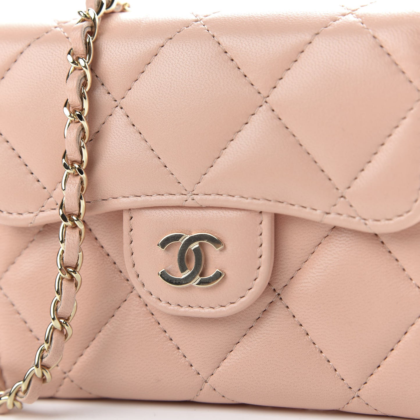 Lambskin Quilted Flap Card Holder On Chain Light Pink