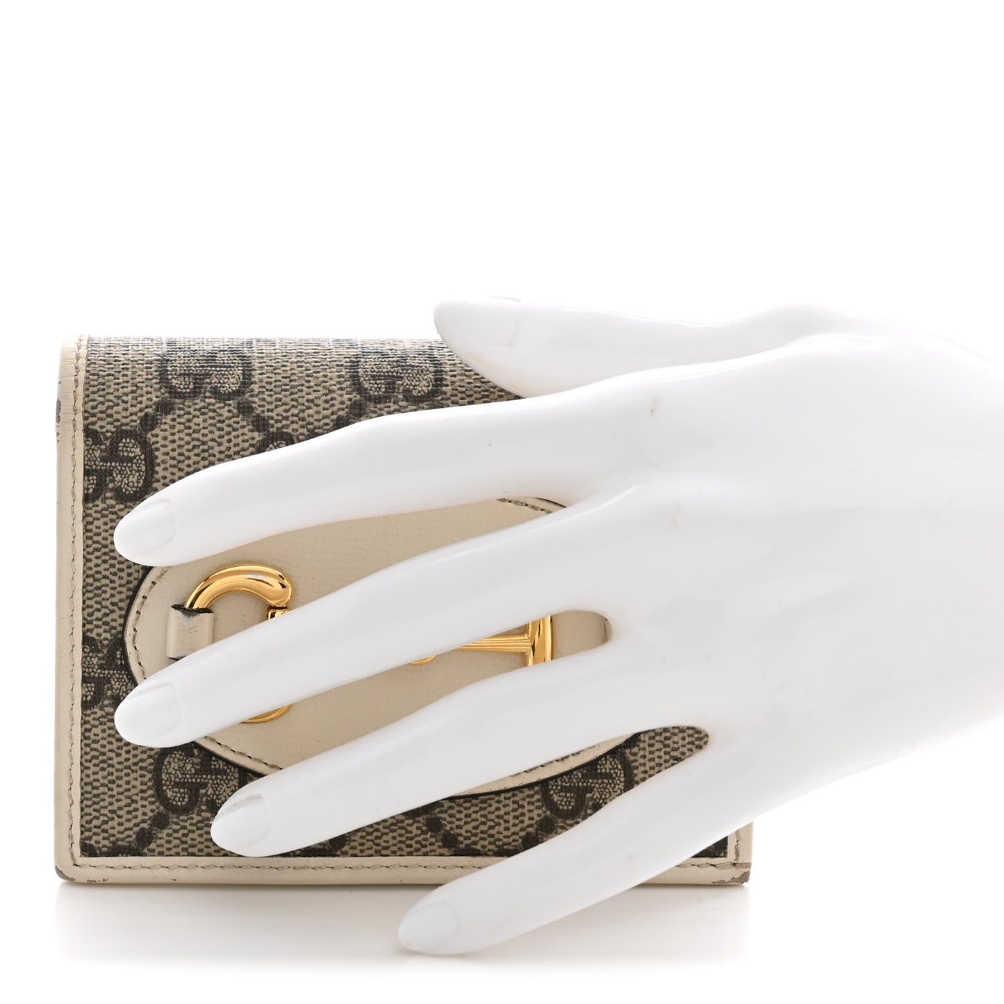 GG Supreme Monogram Azalea Calfskin Horsebit 1955 Card Case Wallet Beige Ebony Mystic White