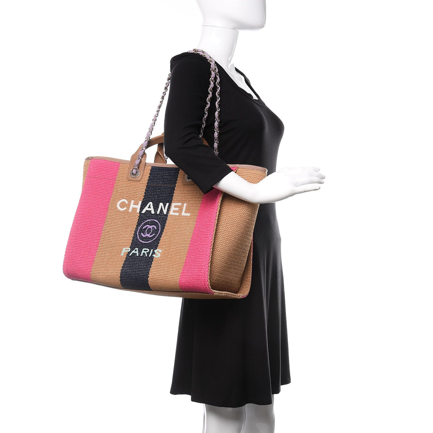 Straw Raffia Calfskin Striped Medium Deauville Tote Dark Beige Fuchsia Navy Blue
