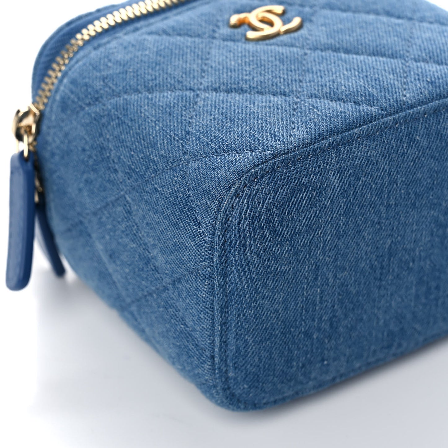 Denim Quilted Mini Pearl Crush Vanity Case With Chain