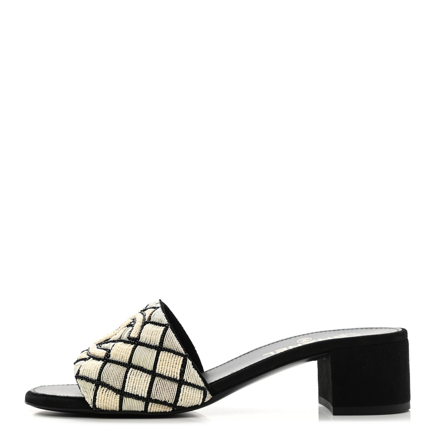 Kid Suede Pearl Embroidery CC Mules 39 Black White