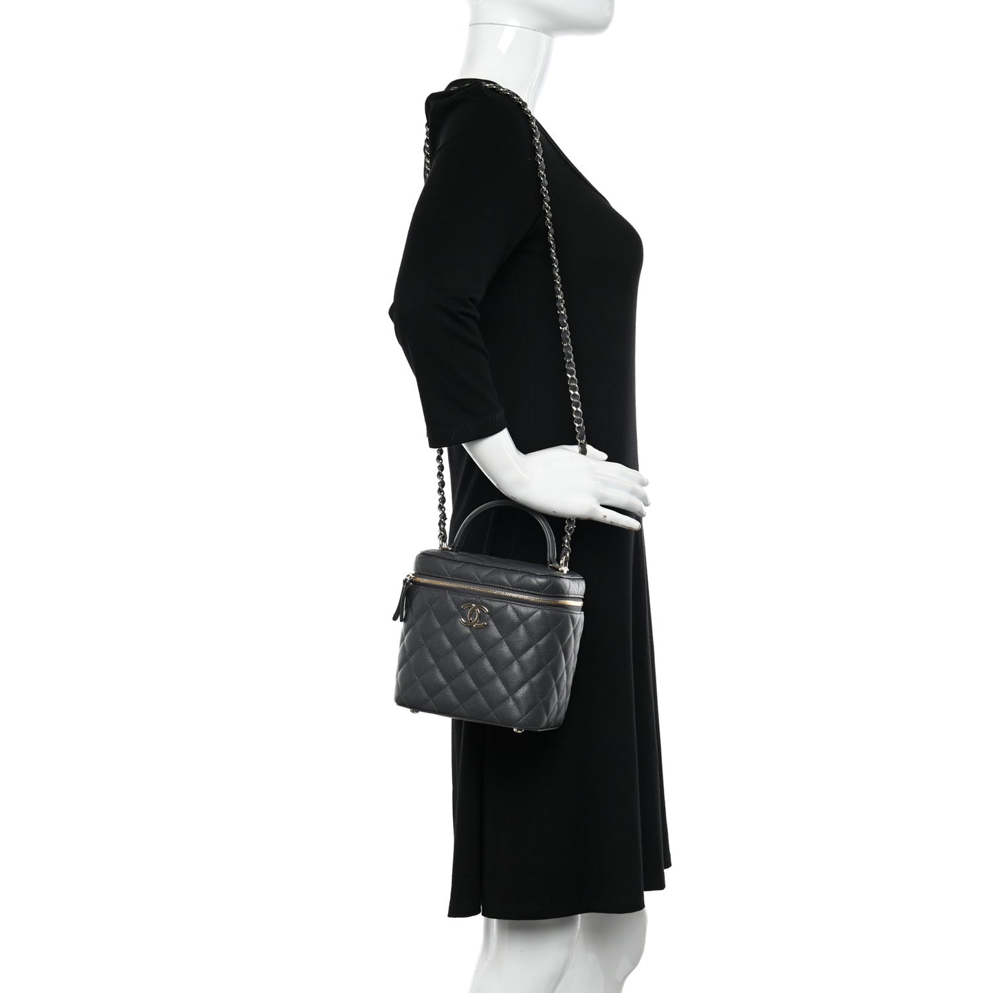 Caviar Quilted Small Top Handle Vanity Case With Chain Dark Grey