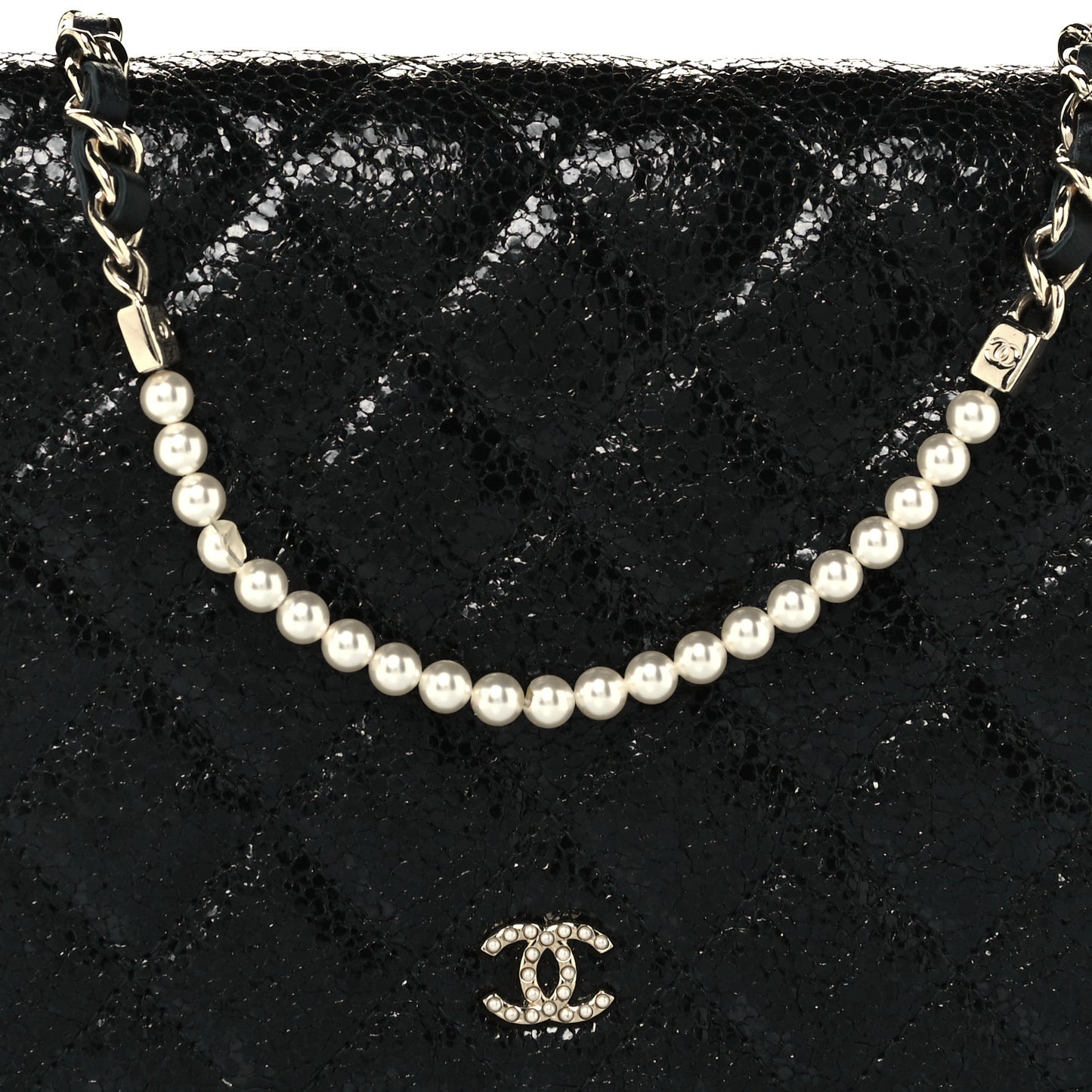 Crackled Patent Calfskin Quilted Pearl Wallet On Chain WOC Black