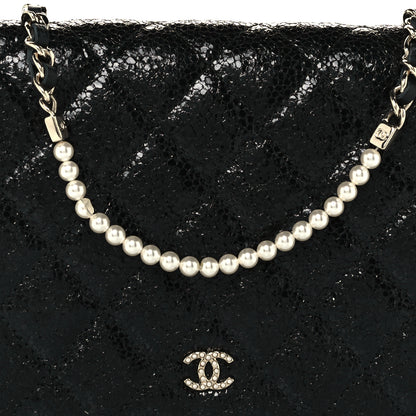 Chanel Crackled Patent Calfskin Quilted Pearl Wallet On Chain WOC Black 9 of 12