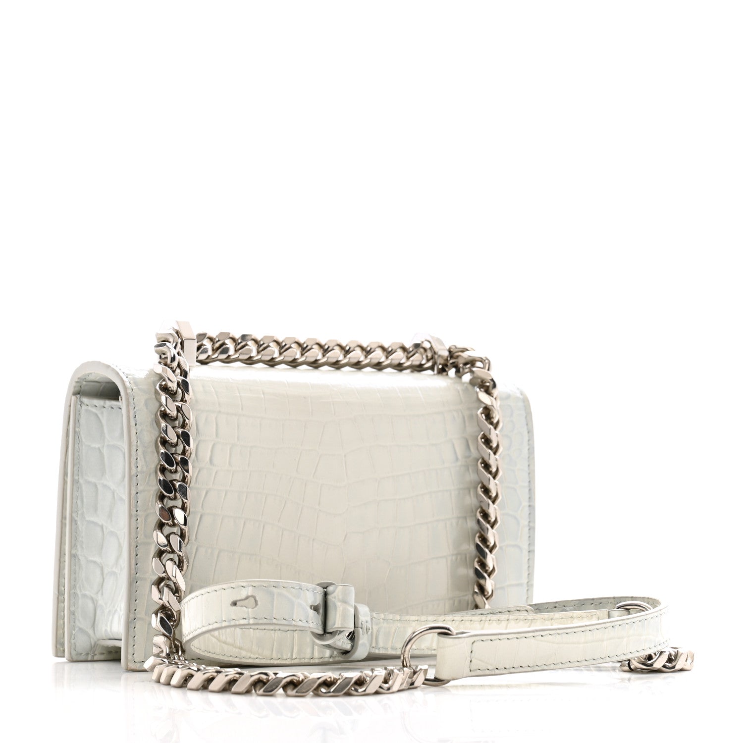 Alexander McQueen Calfskin Shiny Crocodile Embossed Mini Ombrè Jeweled Satchel Ivory Grey 3 of 12