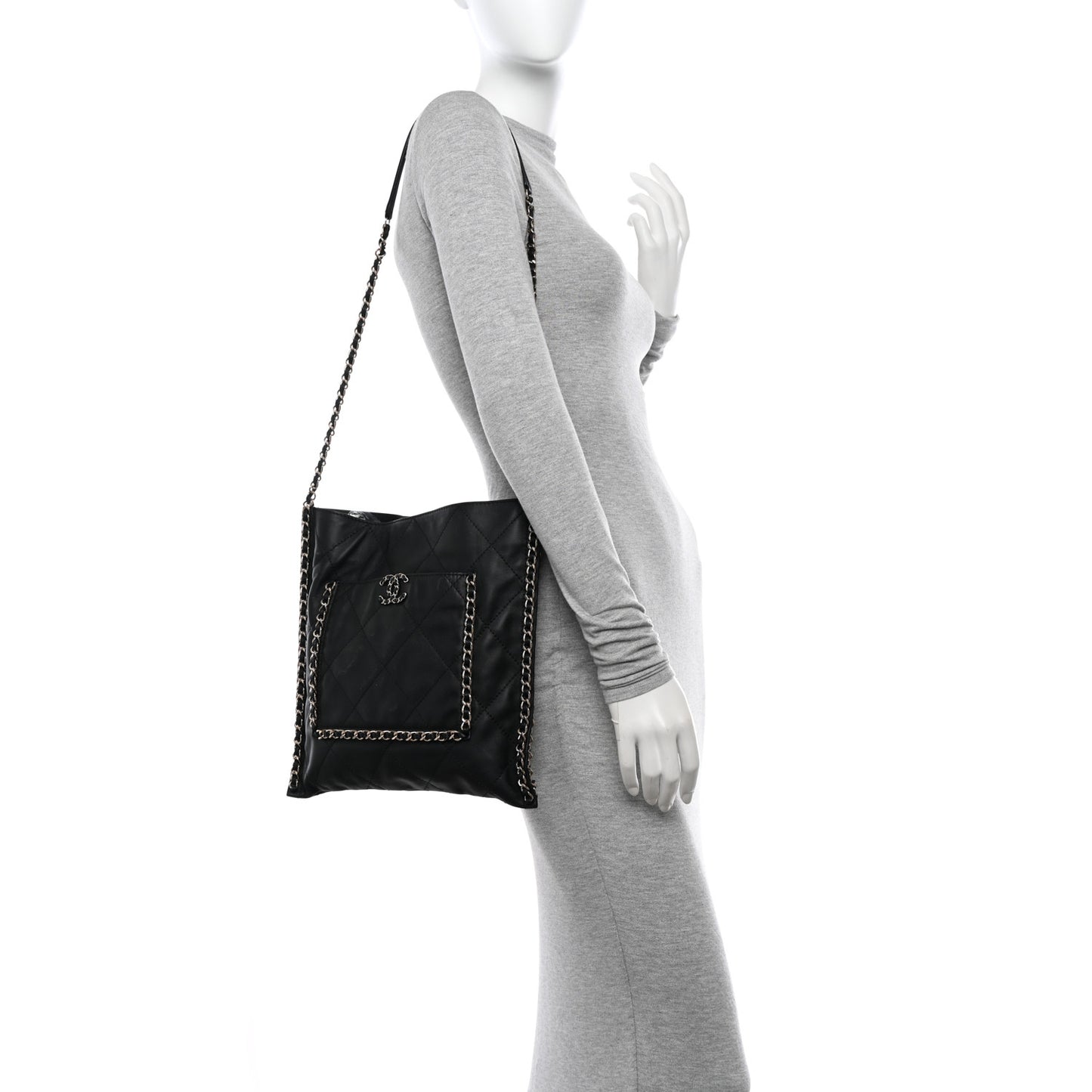 Calfskin Quilted Chain Flat Tote Black
