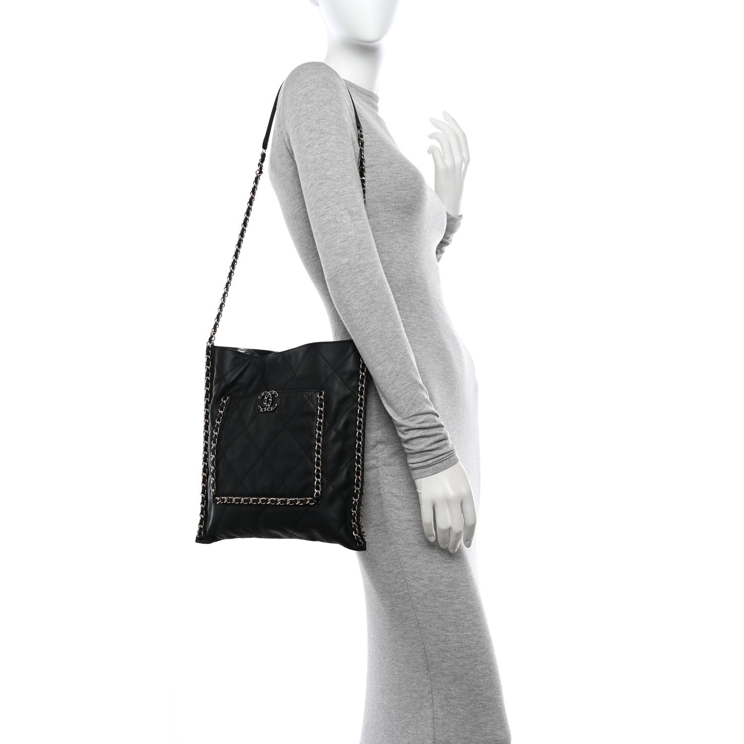 Chanel Calfskin Quilted Chain Flat Tote Black 2 of 10
