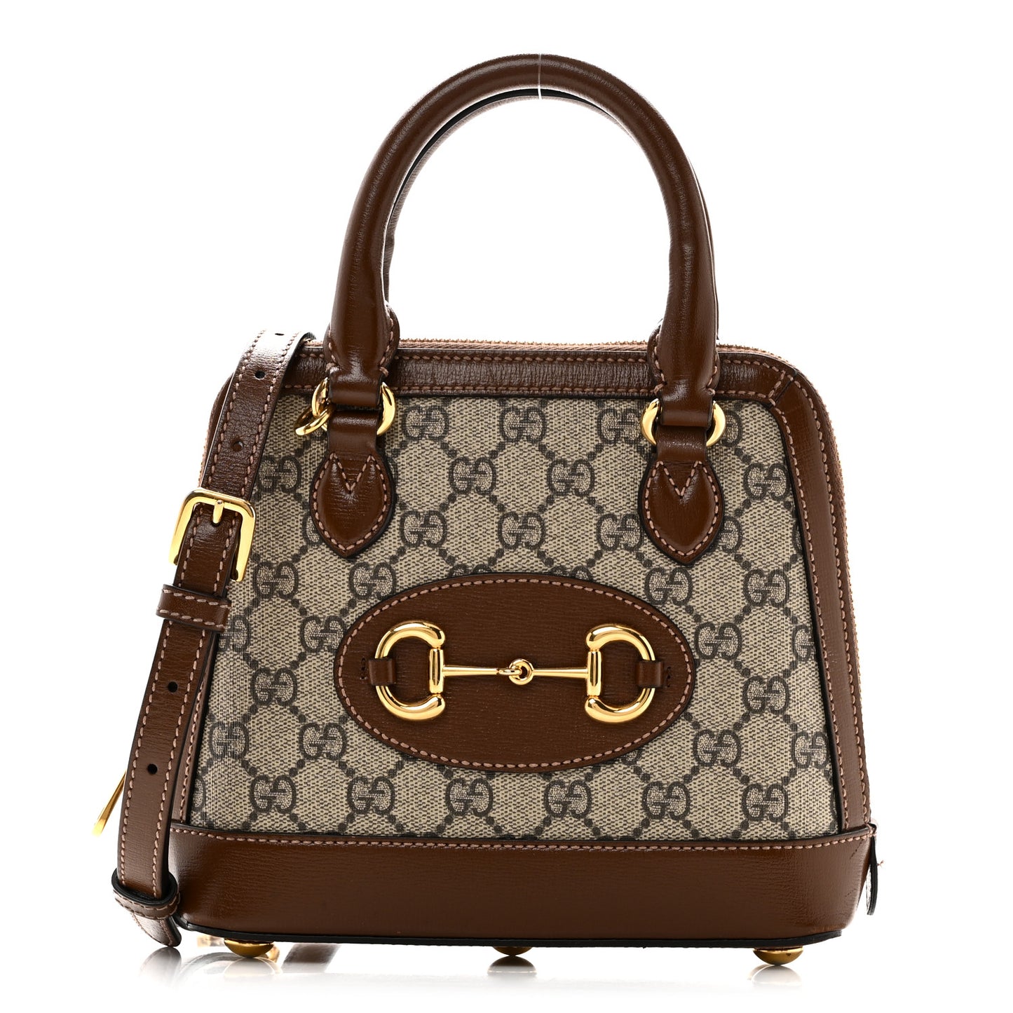 GG Supreme Monogram Azalea Calfskin Mini Horsebit 1955 Top Handle Bag Beige Ebony Brown Sugar