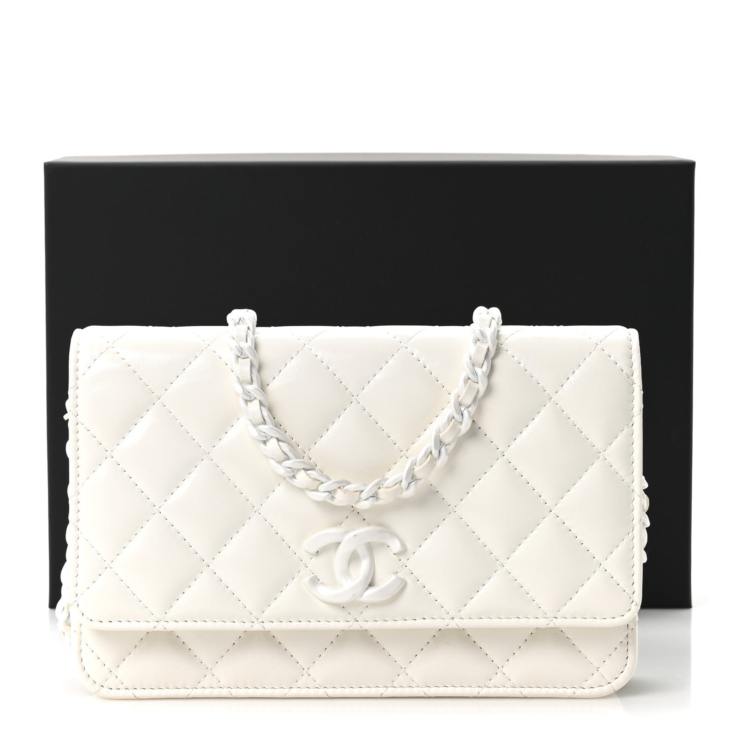 Chanel Shiny Lambskin Quilted Monochrome Wallet on Chain WOC White 12 of 12