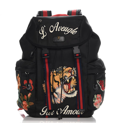 Gucci Techno Canvas Web L'Aveugle Par Amour Embroidered Double Buckle Backpack Black 1 of 10