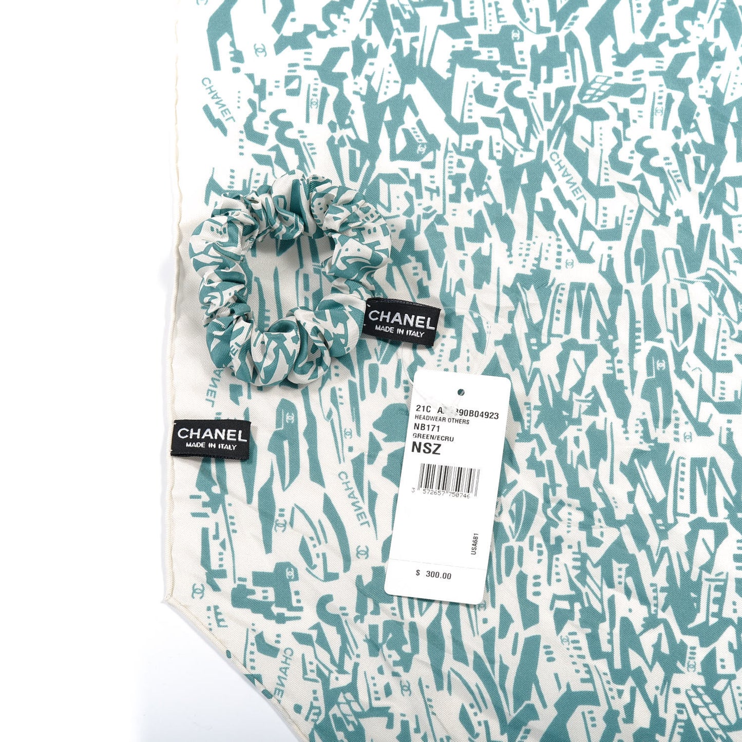 Silk CC Twilly Hair Tie Green Ecru