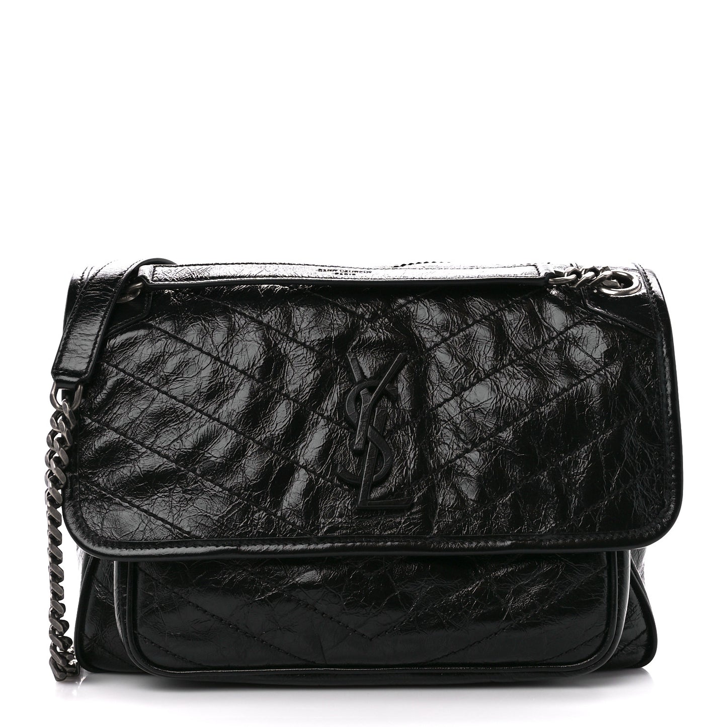 Crinkled Calfskin Matelasse Monogram Medium Niki Chain Satchel Black