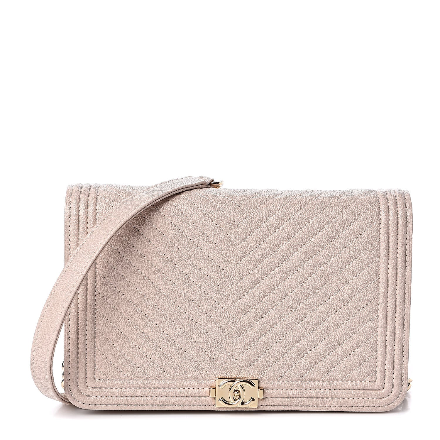 Chanel Caviar Chevron Quilted Boy Wallet On Chain WOC Light Beige 1 of 12
