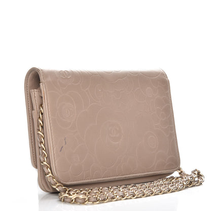 Chanel Lambskin Camellia Embossed Wallet on Chain WOC Beige 3 of 10