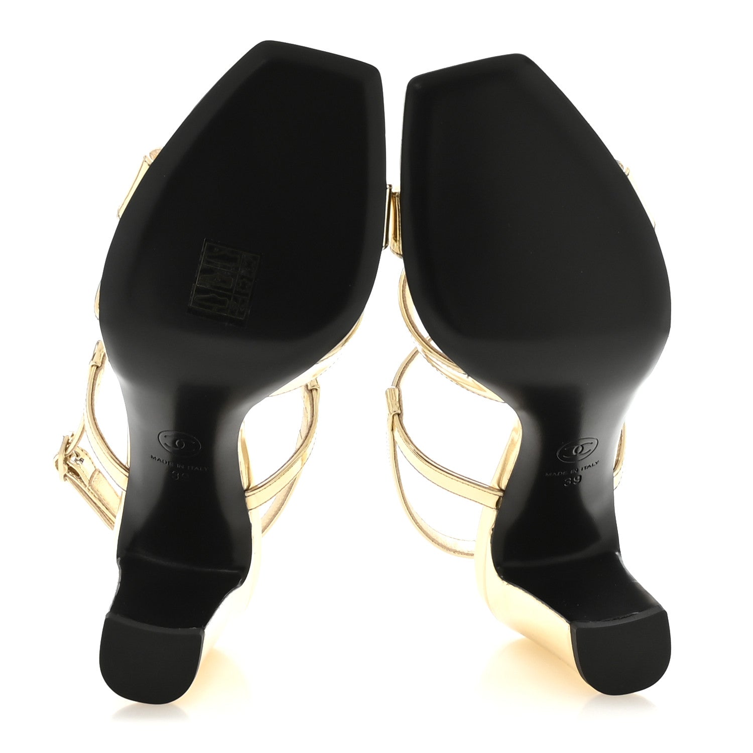 Chanel Laminated Calfskin Block Heel Sandals 39 Gold 1855835