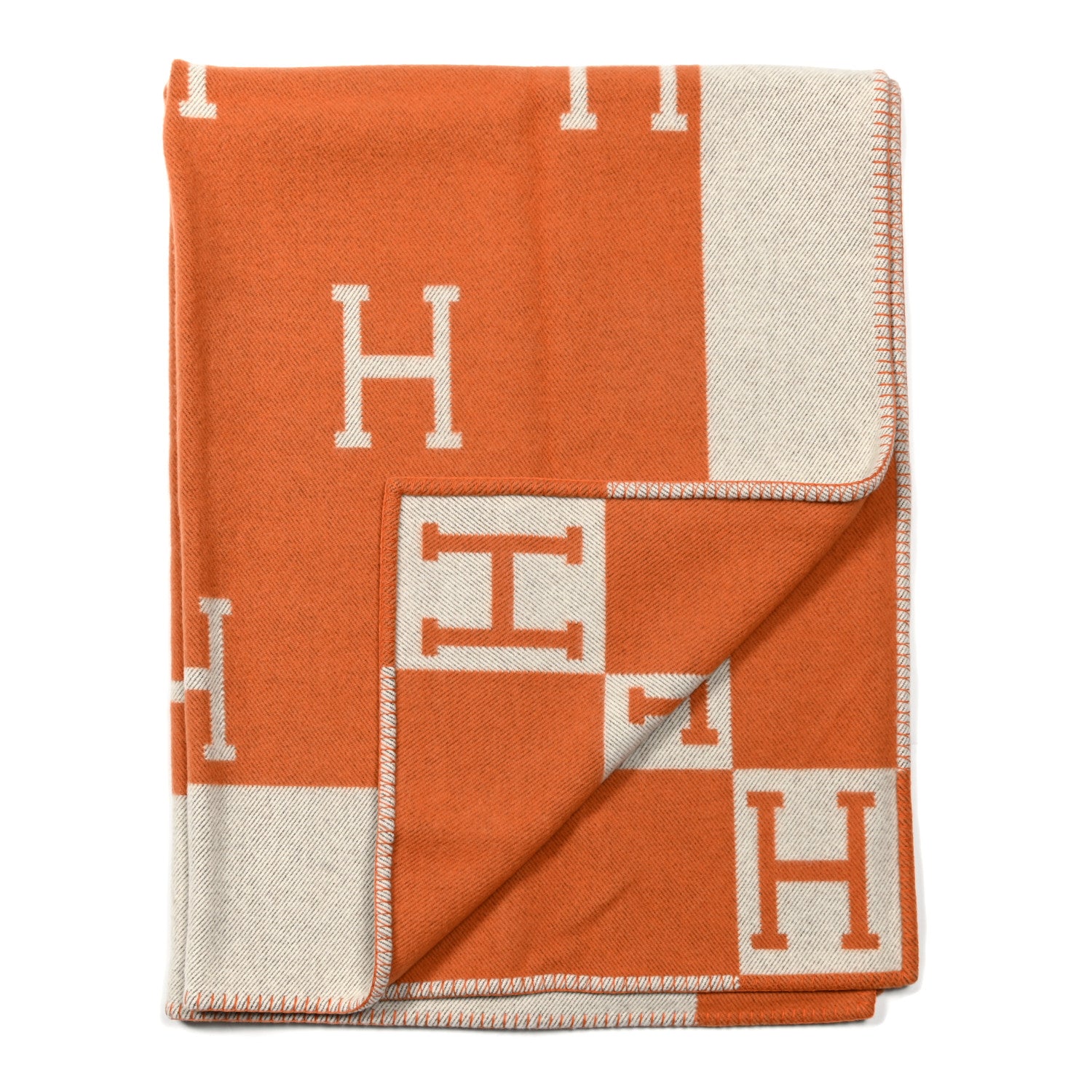 Hermes Wool Cashmere Signature Classic Avalon Blanket Ecru Potiron 2 of 3