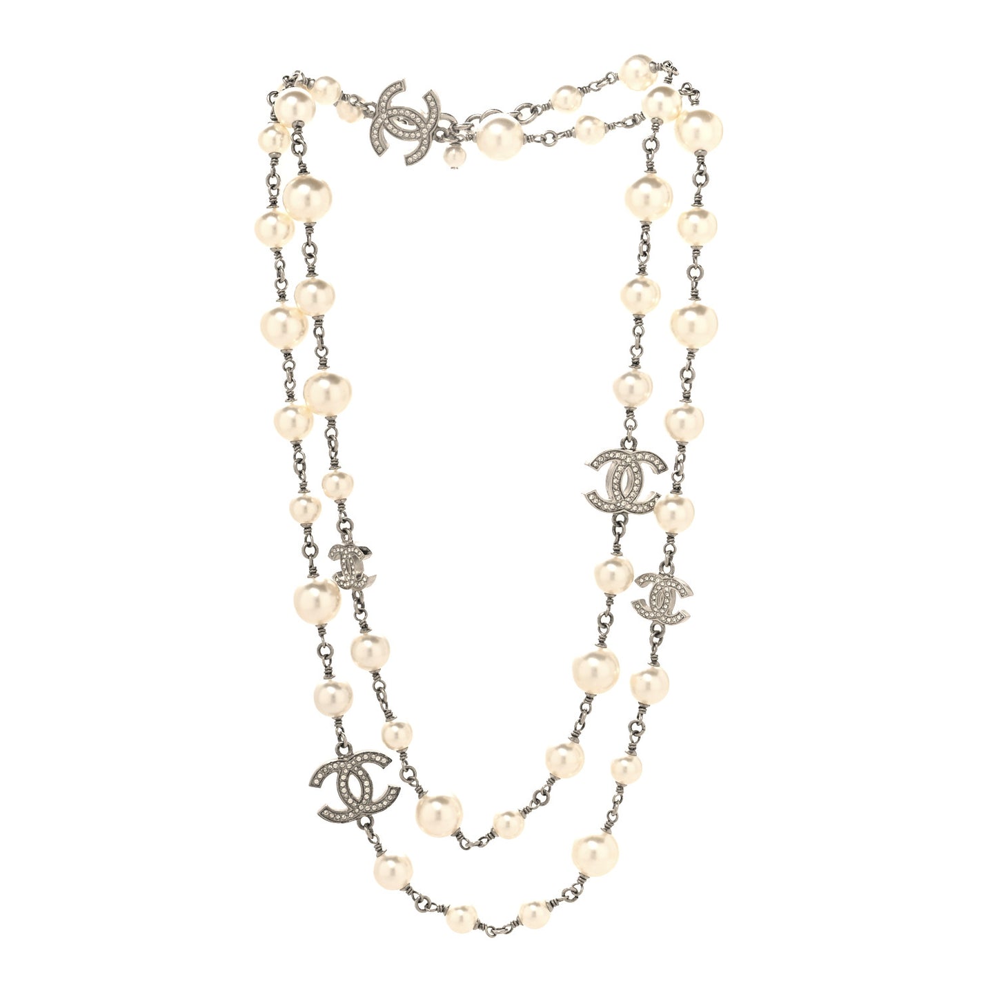 Crystal Pearl CC Long Necklace Silver