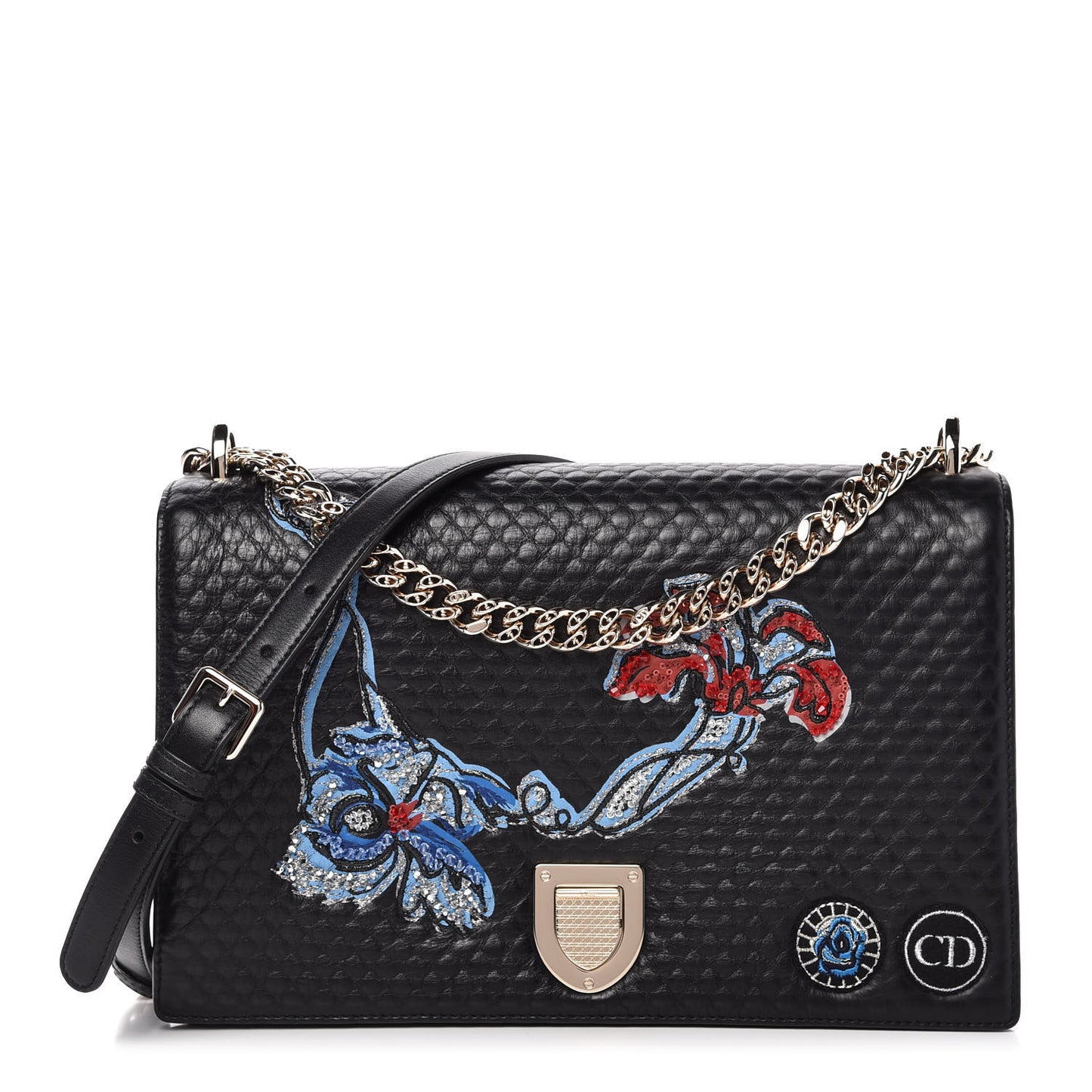 Lambskin Quilted Embroidered Large Diorama Flap Bag Black