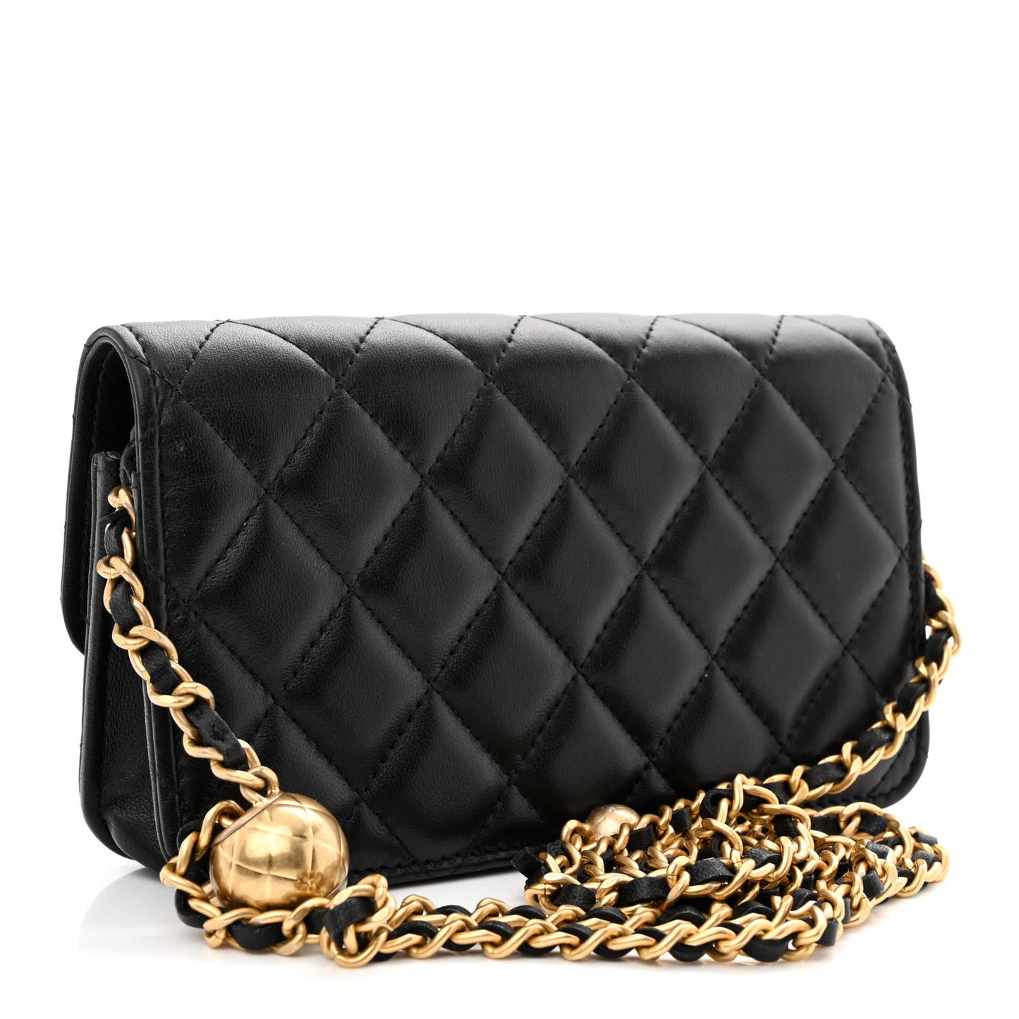 Lambskin Pearl Crush Quilted Flap Phone Holder With Chain Black