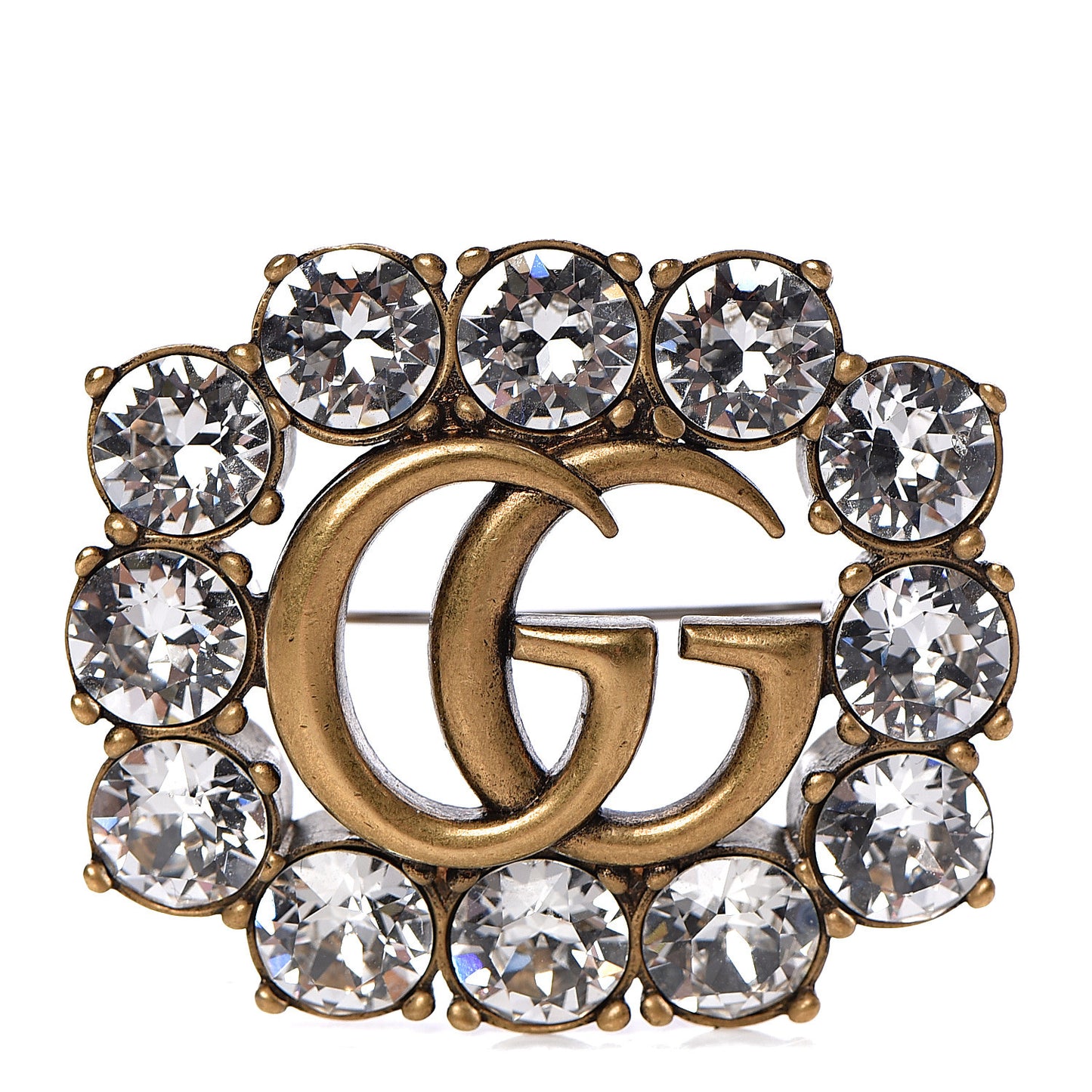 Metal Crystal Double G Brooch Aged Gold